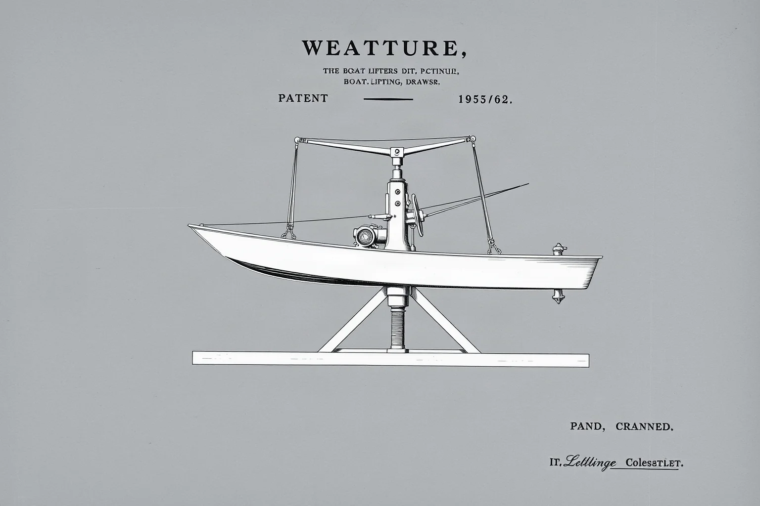 Vintage-style illustration of an old hand-cranked mechanical patent drawing of a boat-lifting device