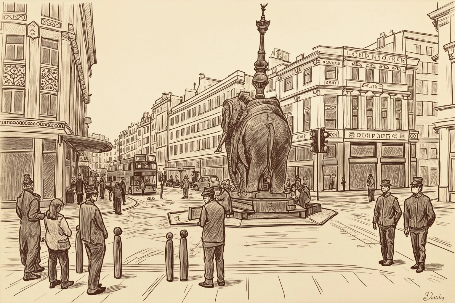 How an All-Female Gang Changed the Face of Crime in 19th Century London 3 Vintage-style illustration of an ornate elephant statue at a busy London crossroads, sepia tone
