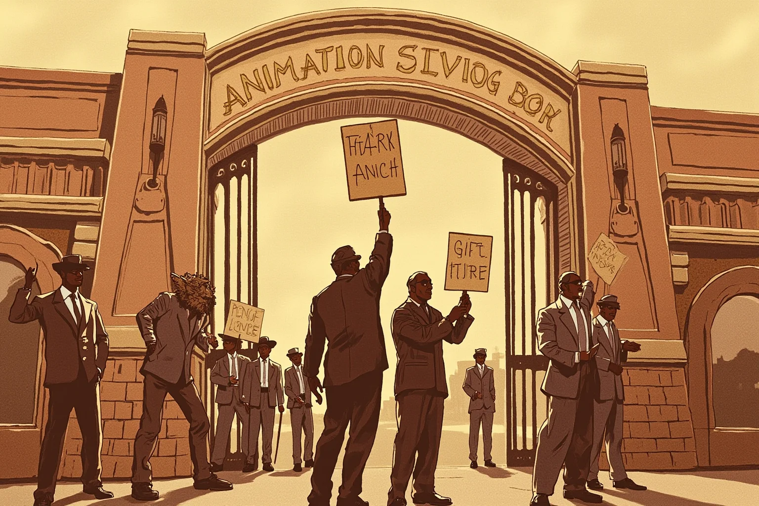Walt Disney: 10 Controversies That Haunt Him & 10 Ways He Changed the World 3 Vintage-style illustration of animators picketing outside a 1940s film studio gate with protest signs, warm sepia tones