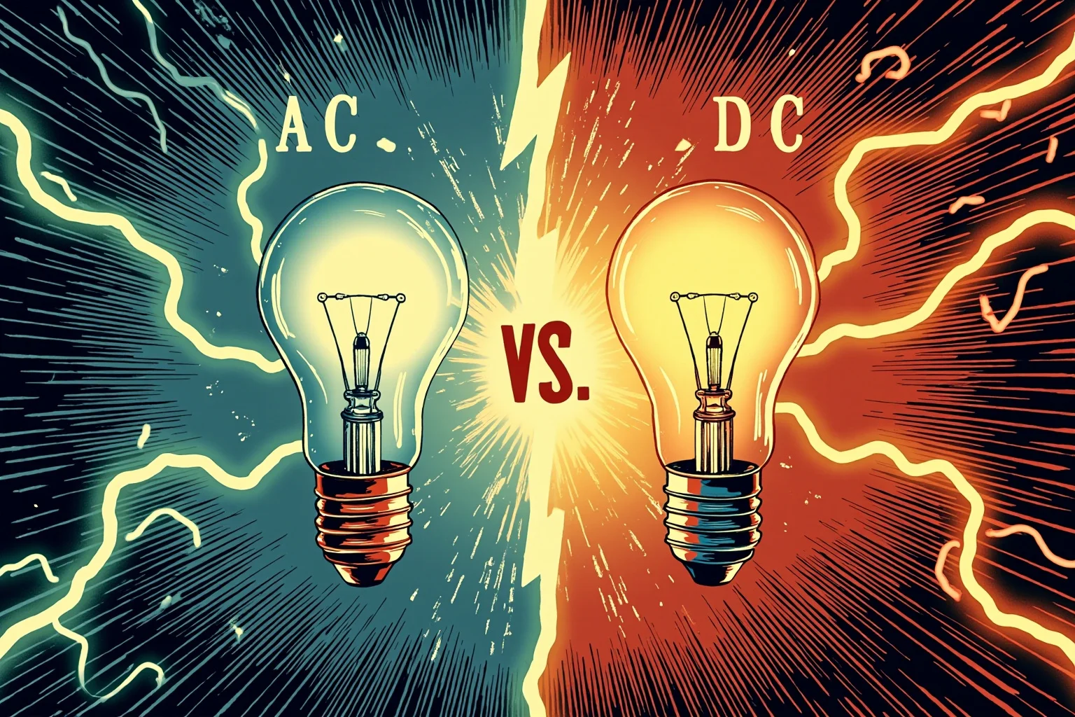 26 of History's Most Famous Rivalries 10 Vintage-style illustration of glowing light bulbs representing AC vs DC electrical currents in a battle motif
