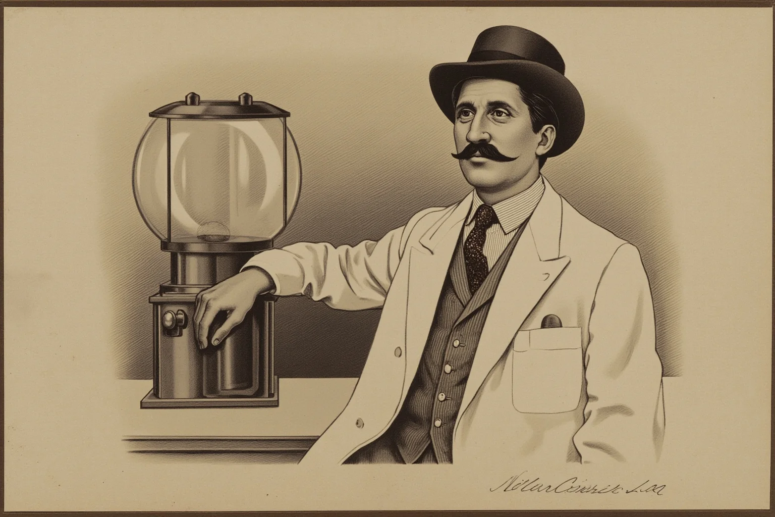 Vintage-style portrait illustration of a New Orleans dentist in 1920s attire beside a candy machine