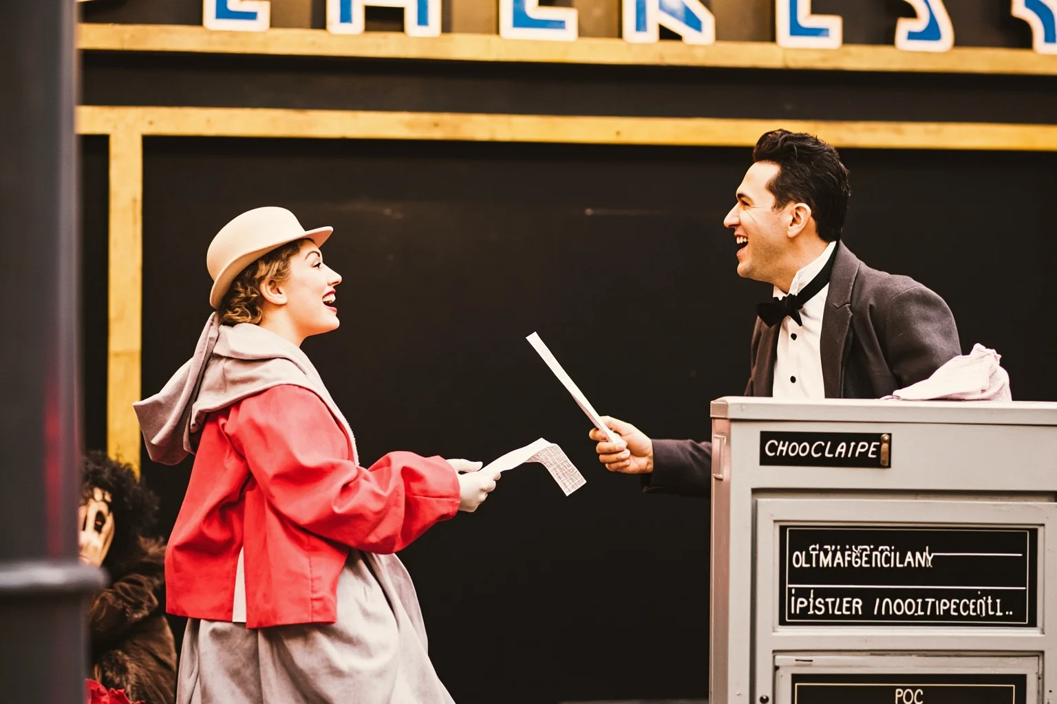 Best Insults in History: 23 Legendary Put-Downs and the Stories Behind Them 18 Vintage theater marquee scene with two elegantly dressed figures exchanging papers near a ticket booth
