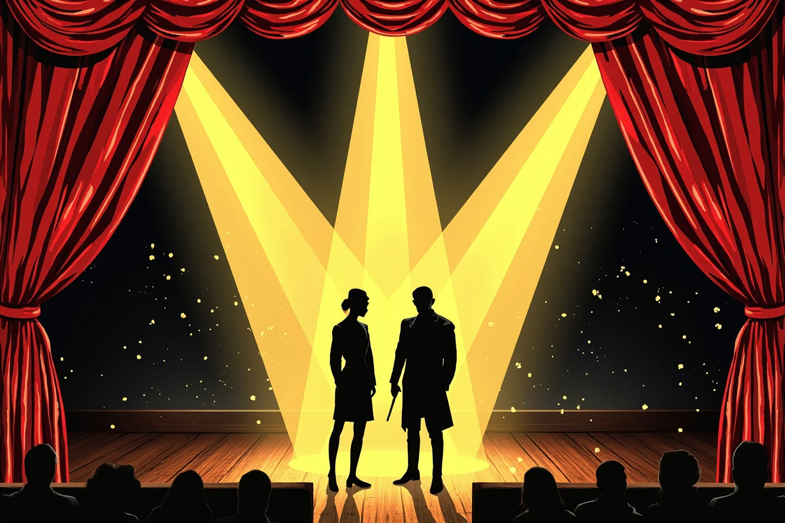 Vintage theater poster style illustration with dramatic stage lighting and two silhouetted figures, Broadway aesthetic