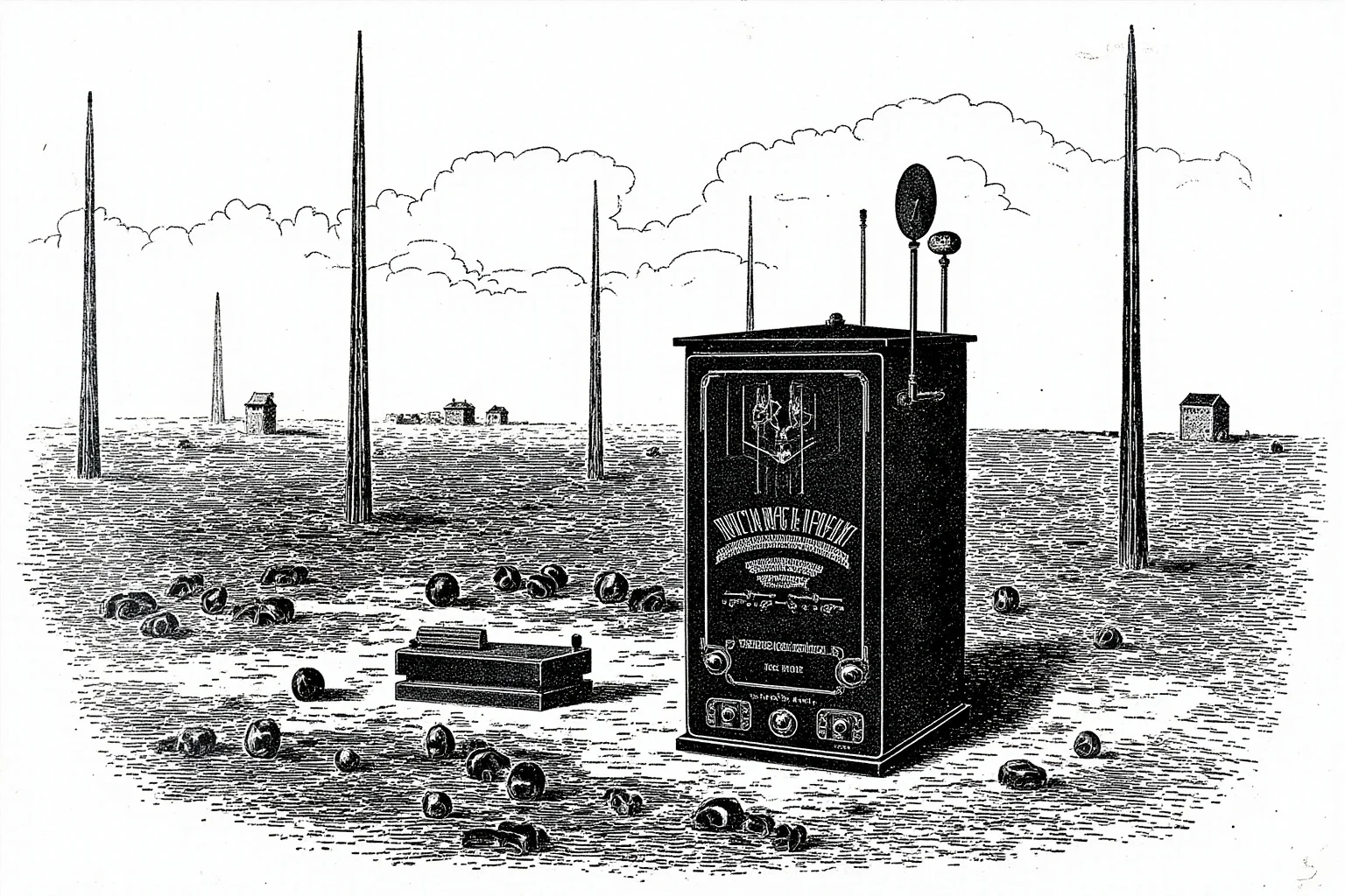 Inventors Who Stole Genius Ideas And Got All Glory 6 Vintage wireless radio transmitter with antenna towers in the background, early 1900s style illustration