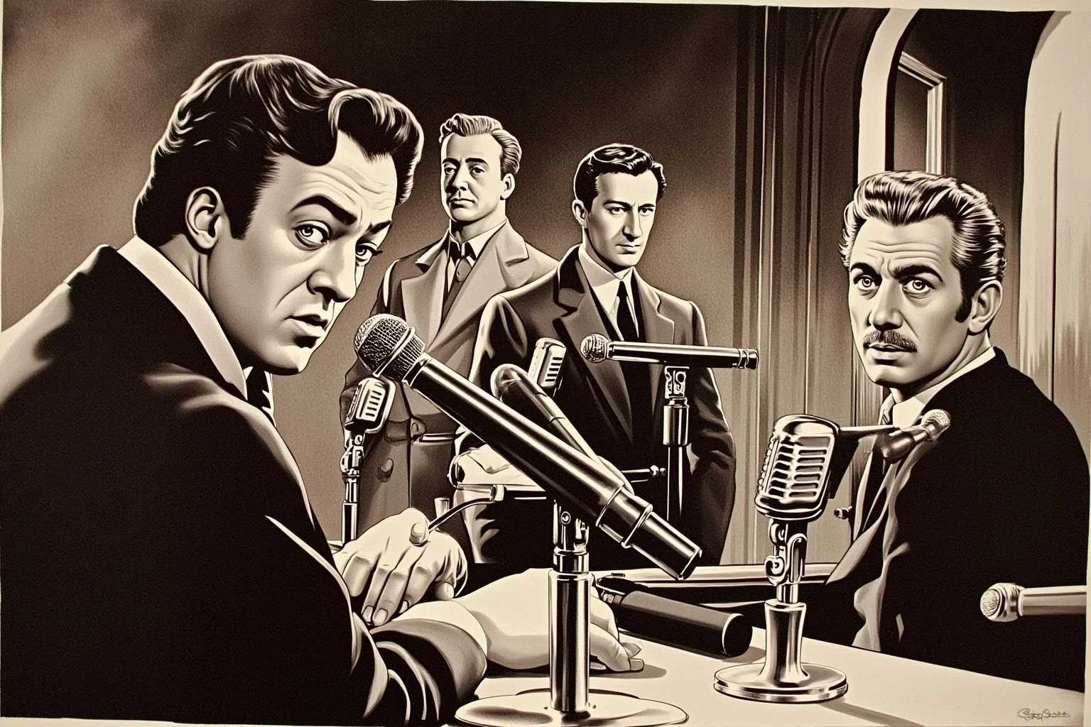 Walt Disney: 10 Controversies That Haunt Him & 10 Ways He Changed the World 2 Editorial-style illustration of a 1940s Hollywood hearing room with microphones and stern-faced officials, muted sepia tones, no identifiable real people