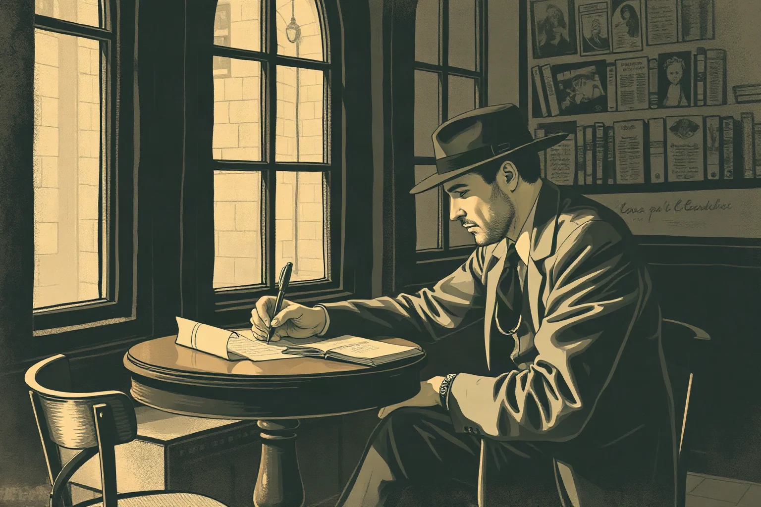 Vintage-style illustration of a rugged 1920s American novelist writing at a small Parisian café table, sepia-toned, moody