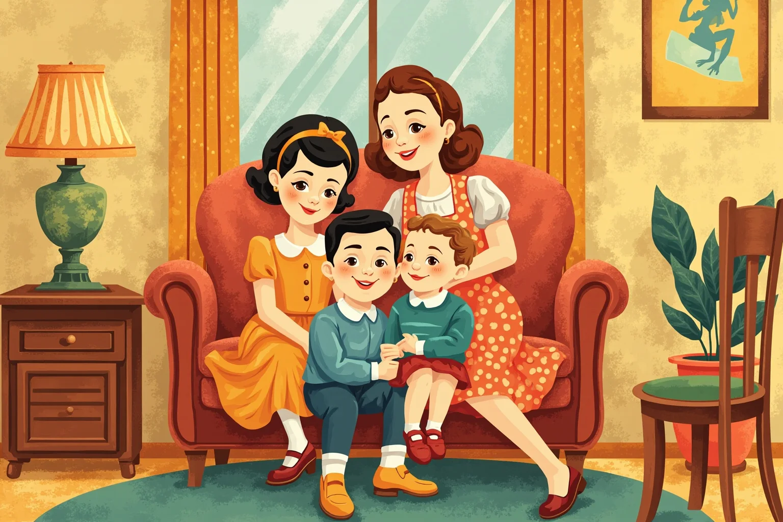 The Heartbreaking Life Story of Judy Garland: 26 Facts You Should Know 16 Warm illustration of a mother with three children in a 1950s living room, family portrait style