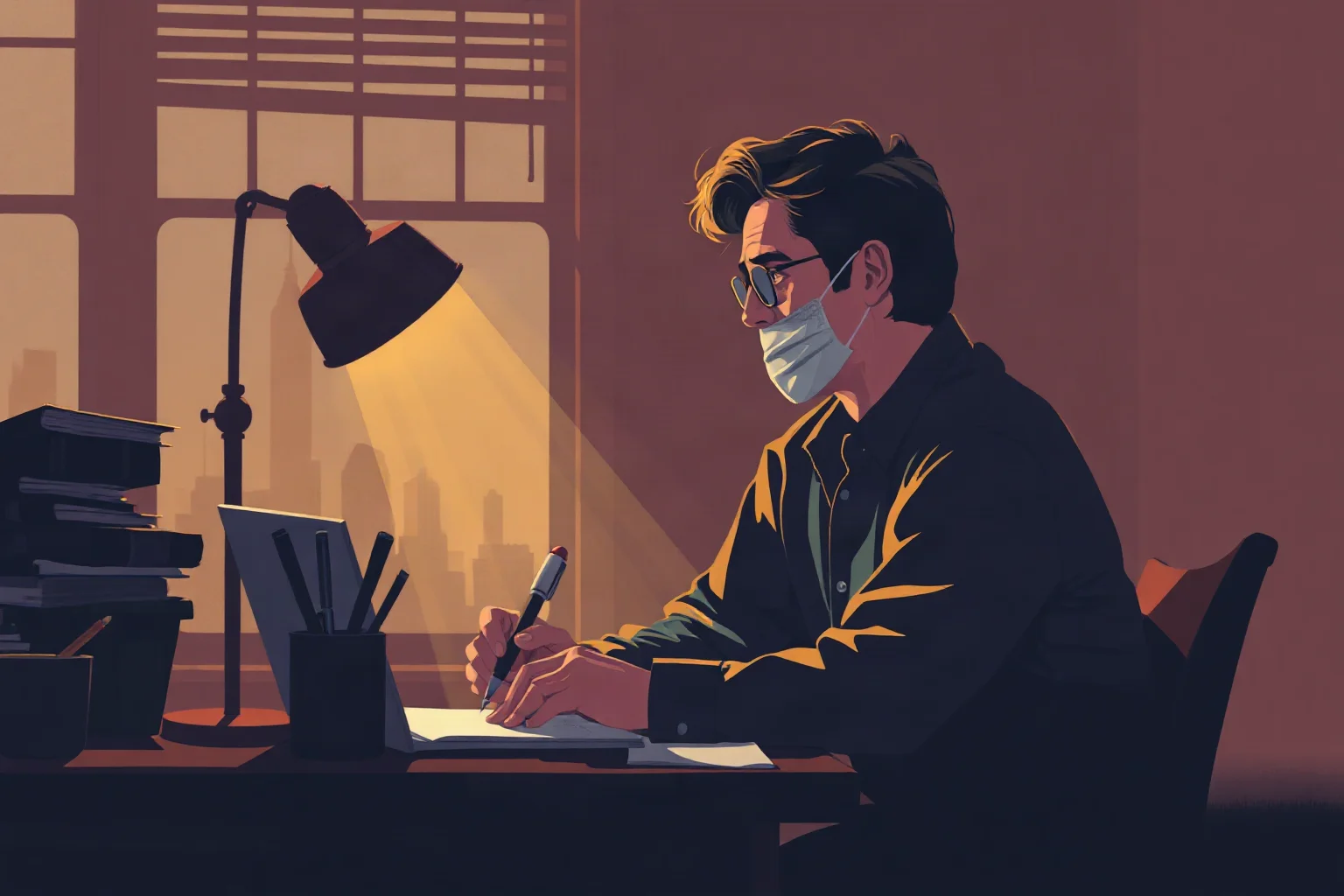 Warm illustration of an American writer at a desk with layered, overlapping memories in soft background silhouettes