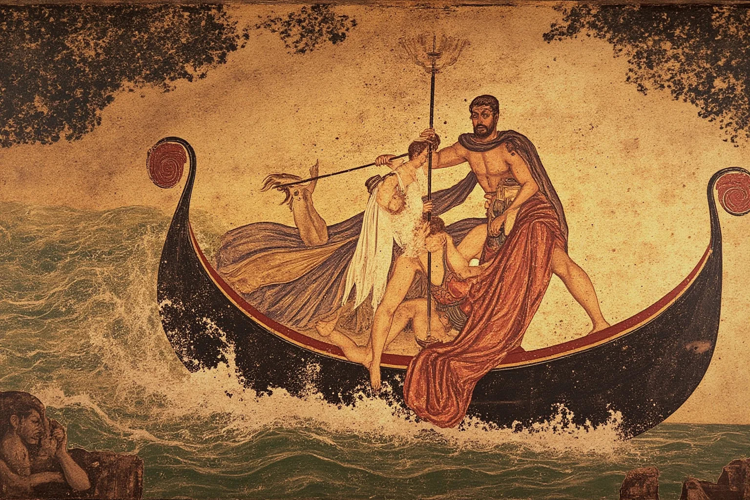 Wars Started By Women: The Rebel Queens Who Changed History 2 A dramatic ancient Greek fresco-style illustration of a legendary abducted queen aboard a ship, symbolizing the myth of the Trojan War, non-photorealistic painting style