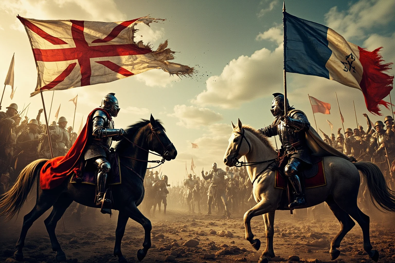 Wars That Lasted A Lot Longer Than You Thought 13 Medieval English and French knights facing off on a war-torn battlefield with tattered banners, illustrating a decades-long war
