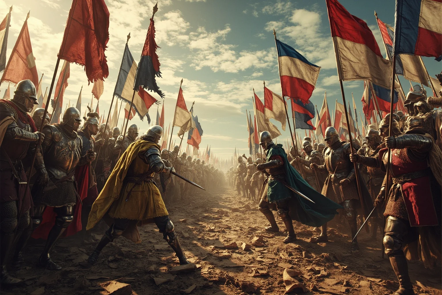 Wars That Lasted A Lot Longer Than You Thought 2 Medieval English and French knights facing off on a war-torn battlefield with tattered banners, illustrating a decades-long war