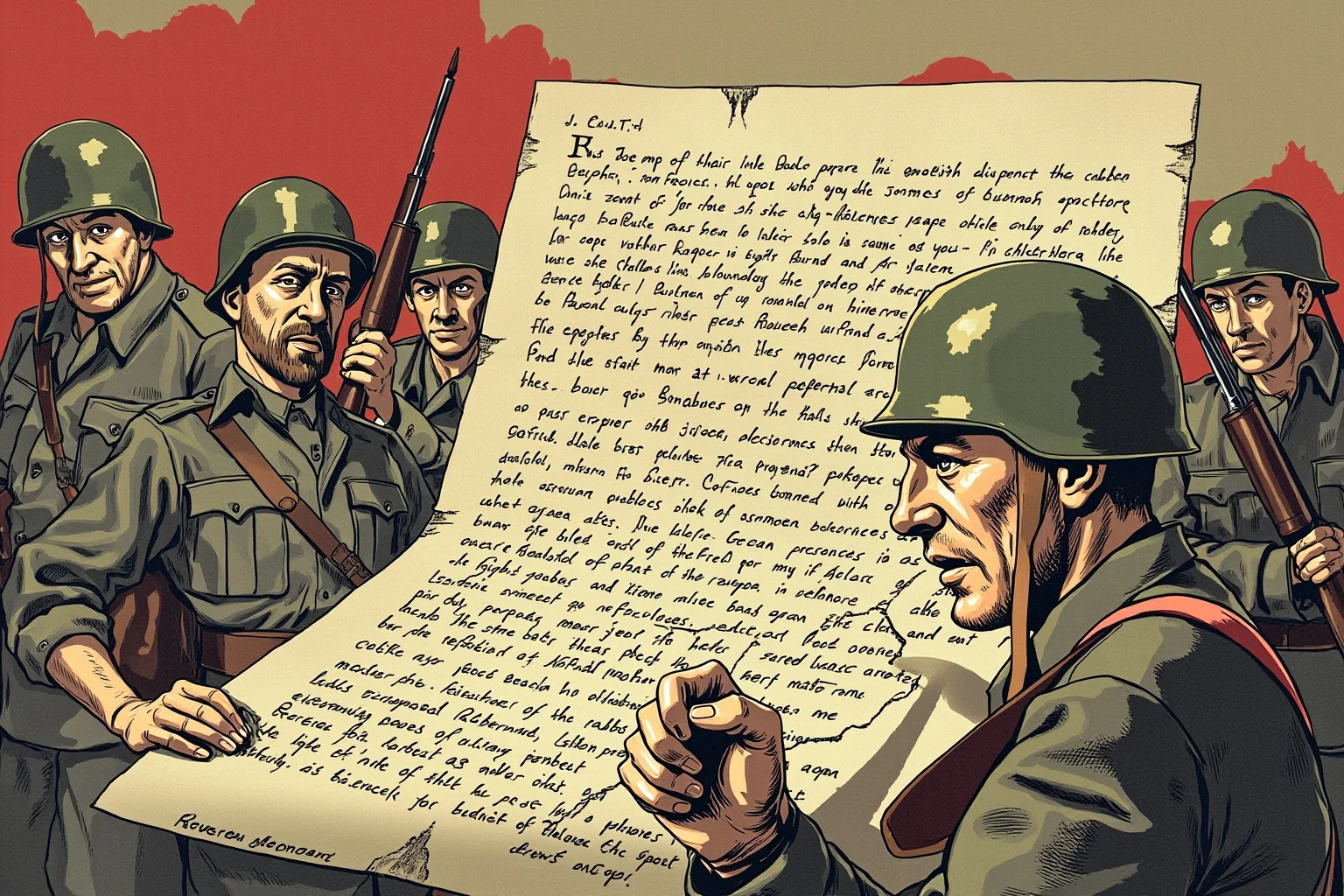Stylized illustration of WWII-era European soldiers and a broken treaty document, muted historical color palette