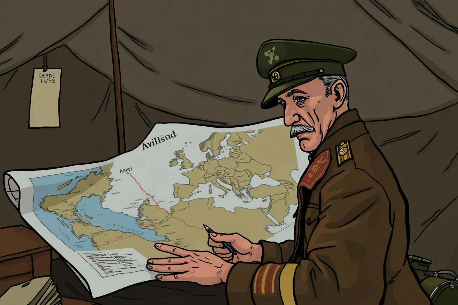 A weathered WWII-era Allied supreme commander studying a large campaign map in a military planning tent, illustrative style, no real faces
