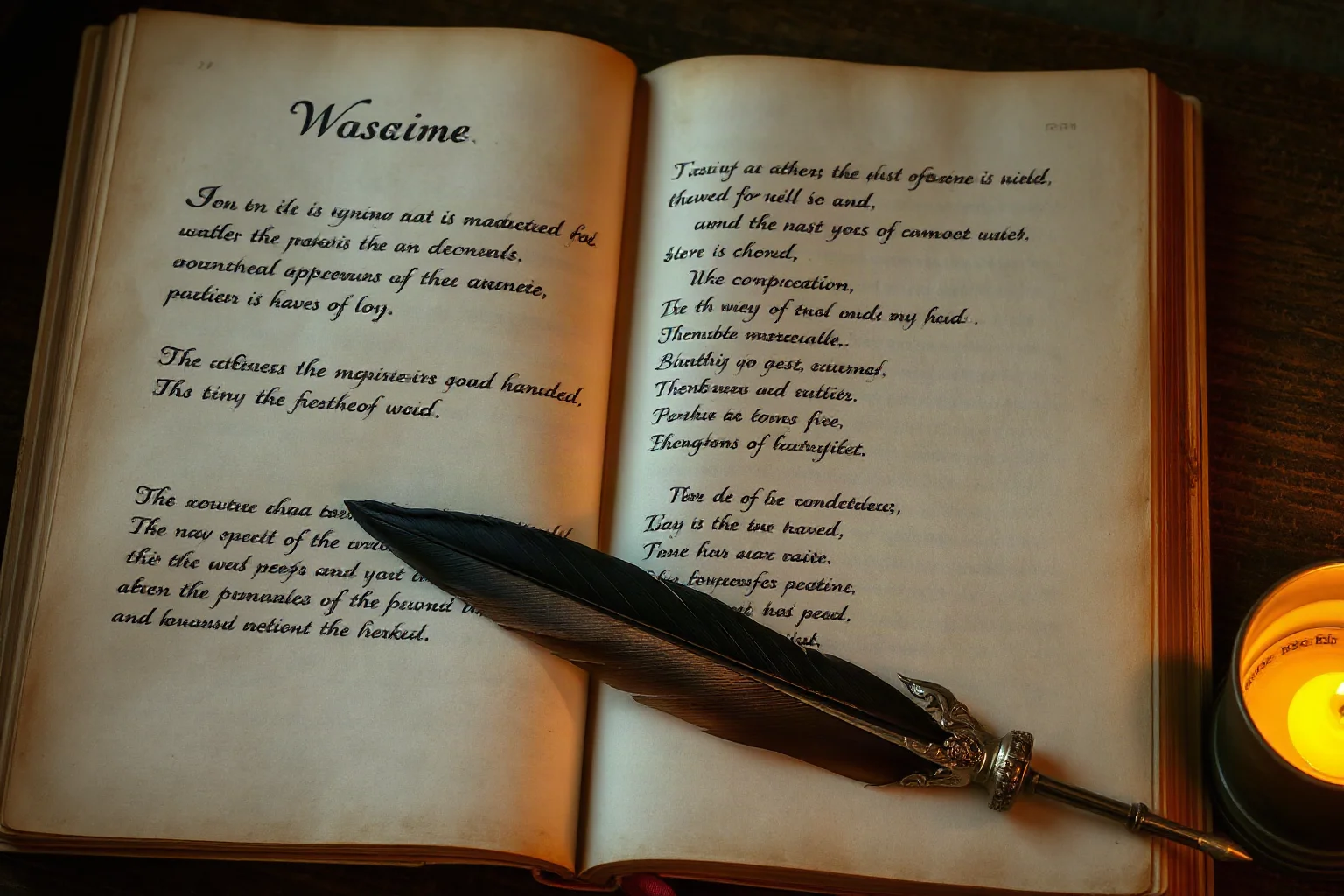 Aged medieval manuscript page with handwritten poetry, quill pen resting beside it, warm candlelight