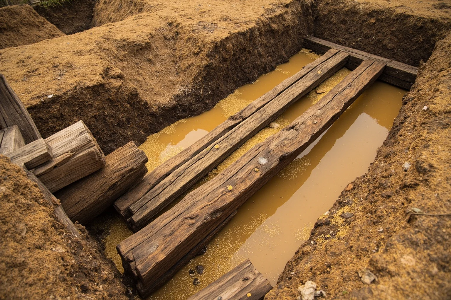 Waterlogged excavation site with preserved wooden beams and ancient rice grains