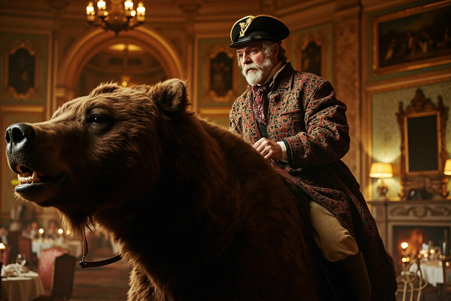 Wealthy English gentleman in hunting attire riding a large bear through an ornate dining room
