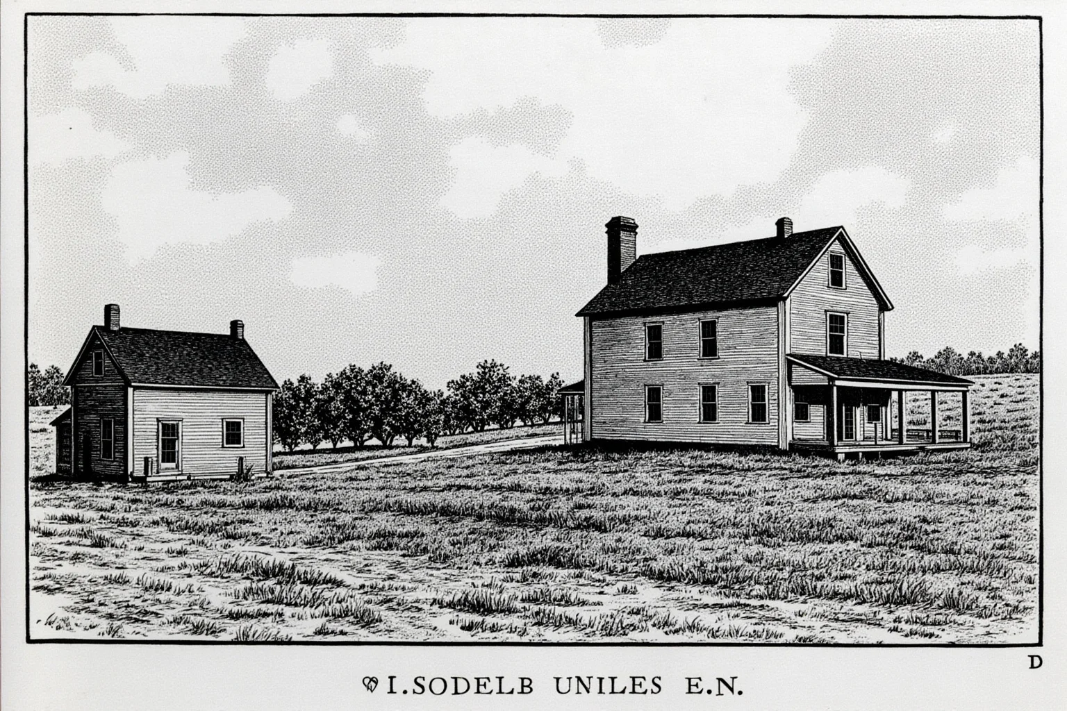 Weathered 1870s prairie homestead with a small inn and orchard under an overcast sky, historical illustration style