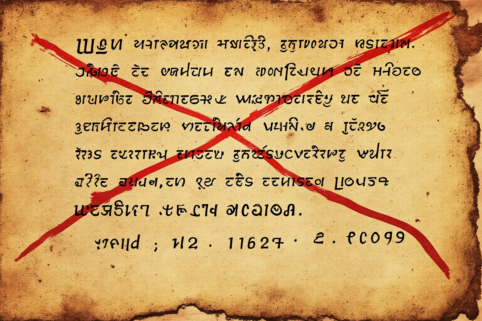 Weathered ancient parchment with fragmented biographical text and contradictory dates crossed out