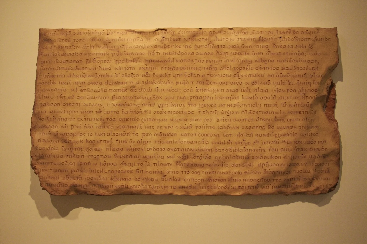 Weathered ancient scroll fragment with faded handwritten text, museum style