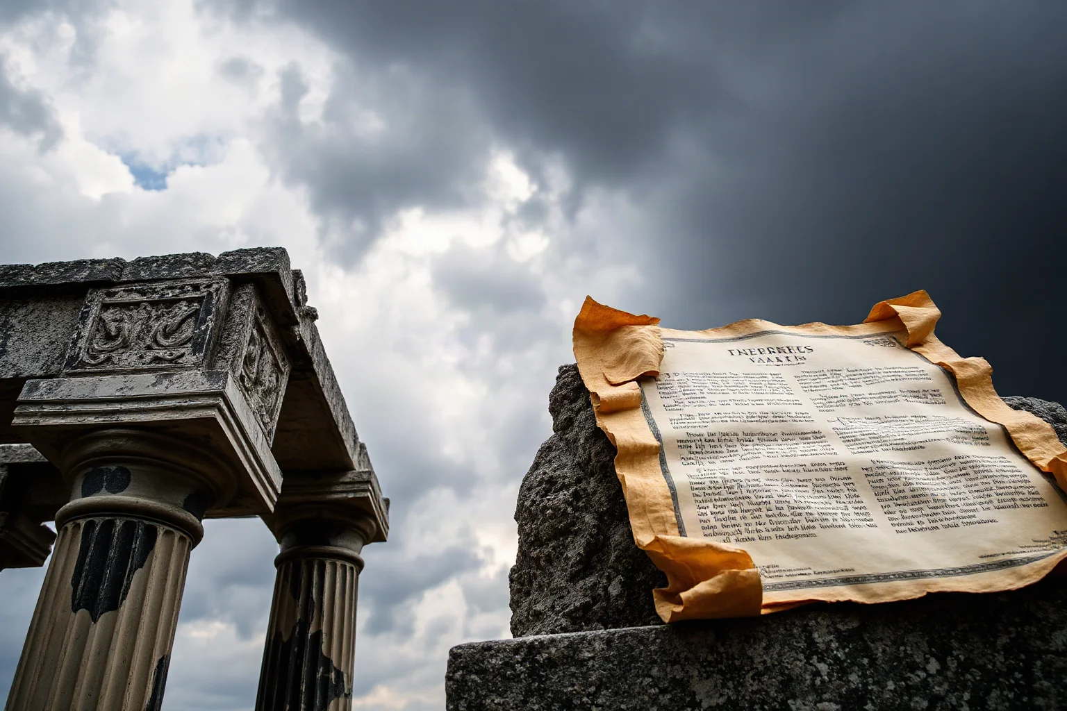 Weathered Greek marble columns beside an open ancient scroll, dramatic overcast sky in the background