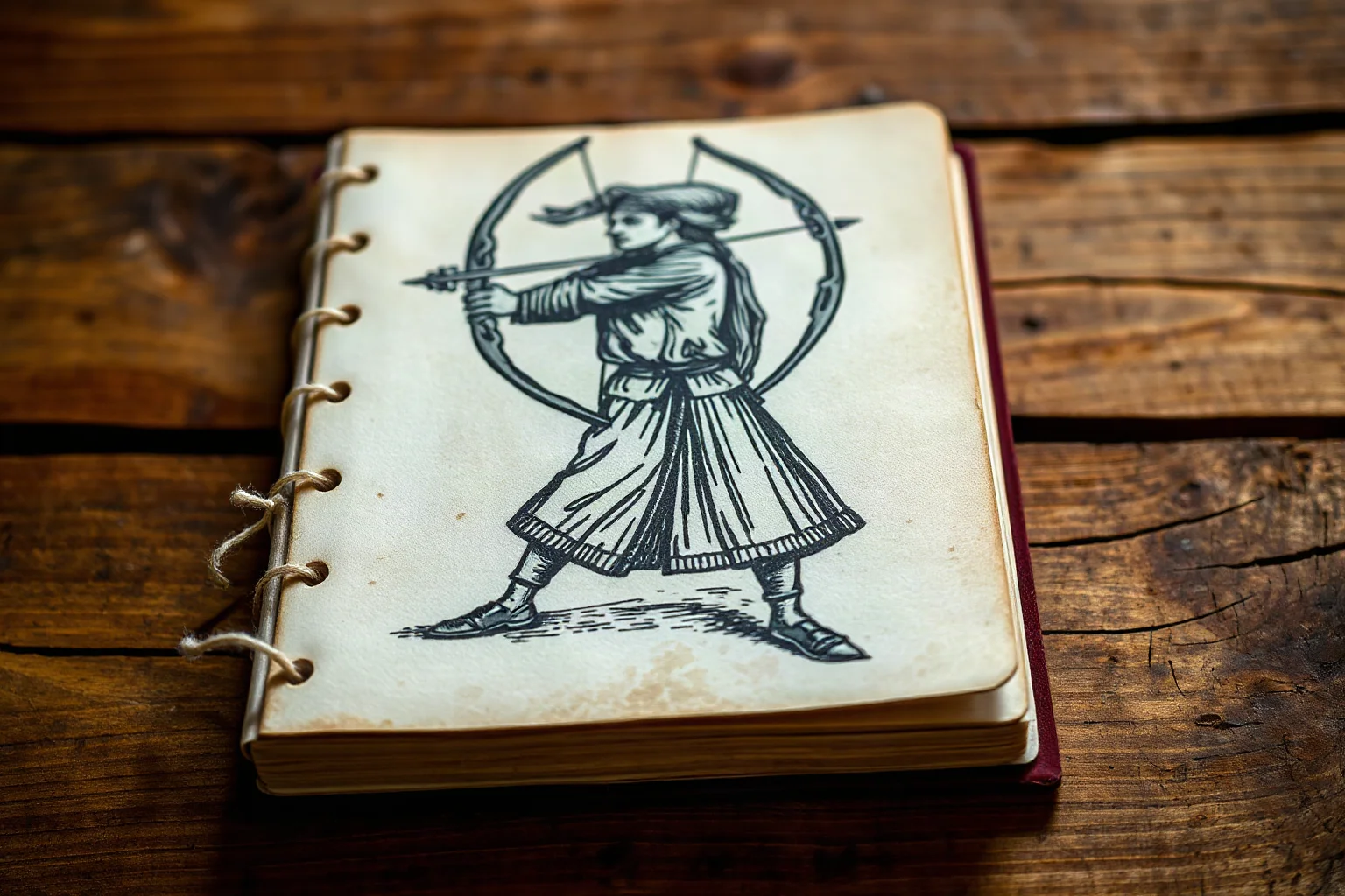 Weathered medieval ballad booklet on a wooden table, illustrated woodcut style archer on the cover