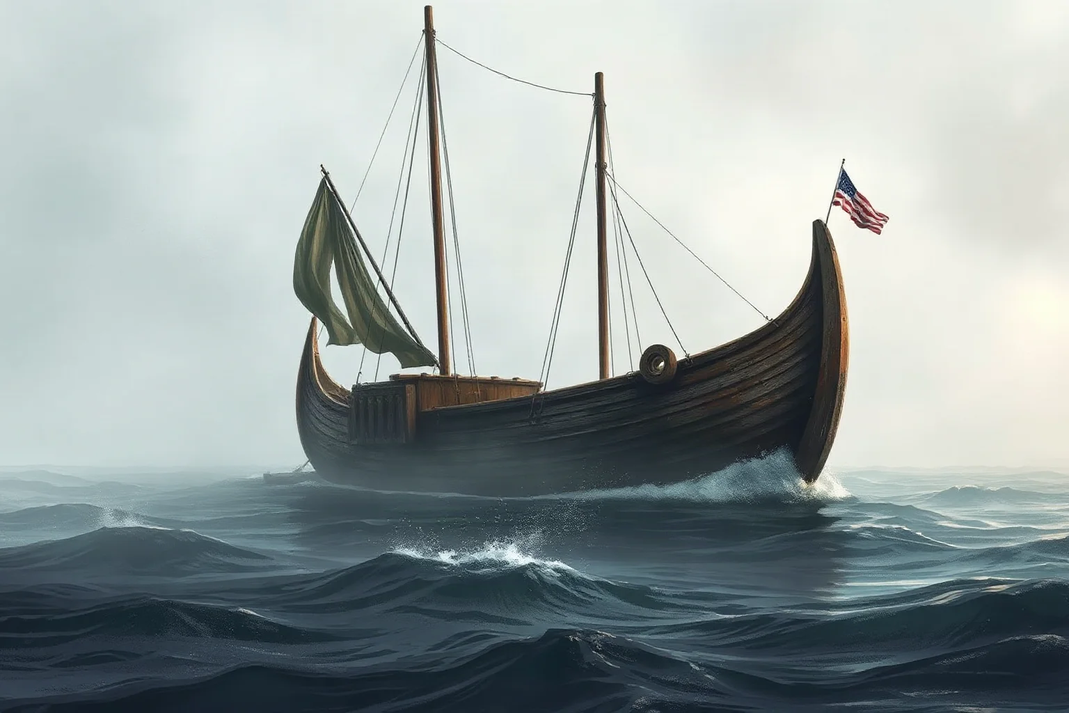 Weathered Norse longship illustration on a foggy northern coastline, evoking early Viking exploration of North America
