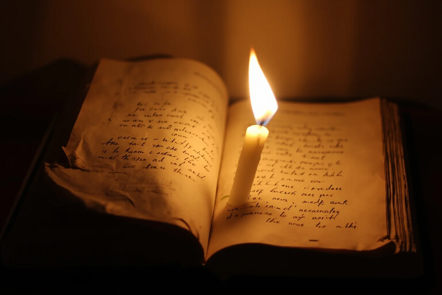Weathered old book open to a page of cryptic handwritten verses illuminated by candlelight