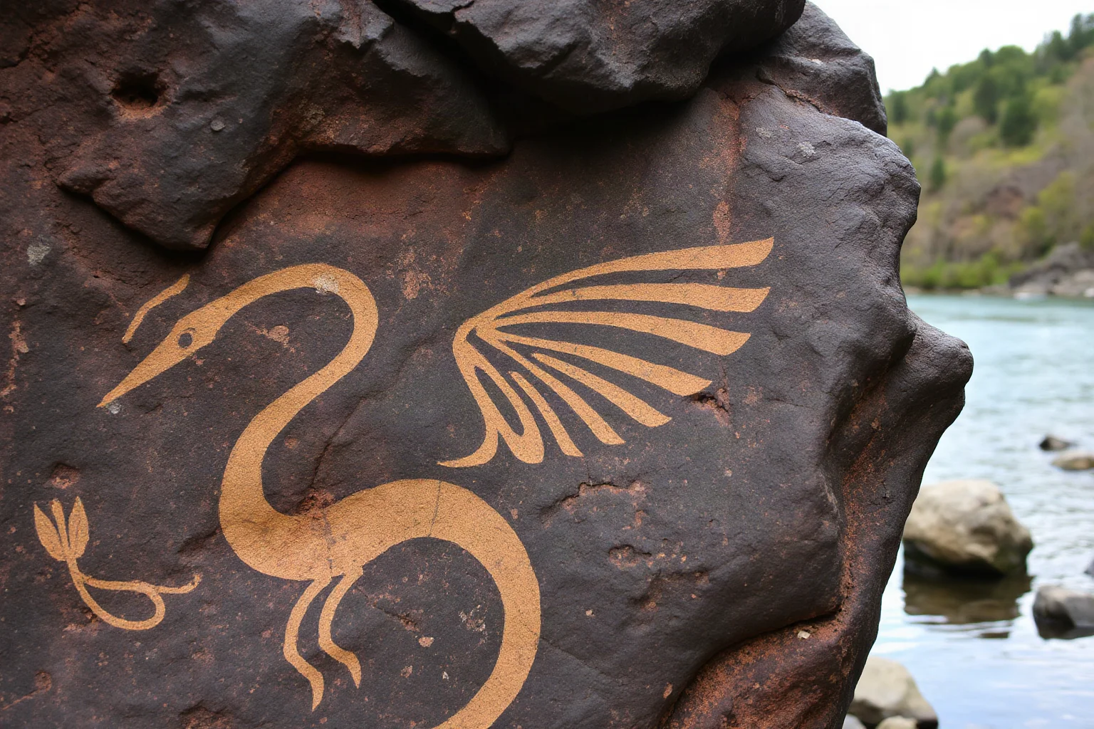 Weathered petroglyph on a river bluff depicting a horned, winged serpent creature, Native American rock art style