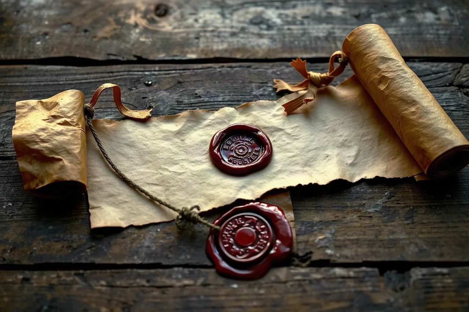 Weathered scroll and wax seal representing a broken royal contract, on an old wooden table