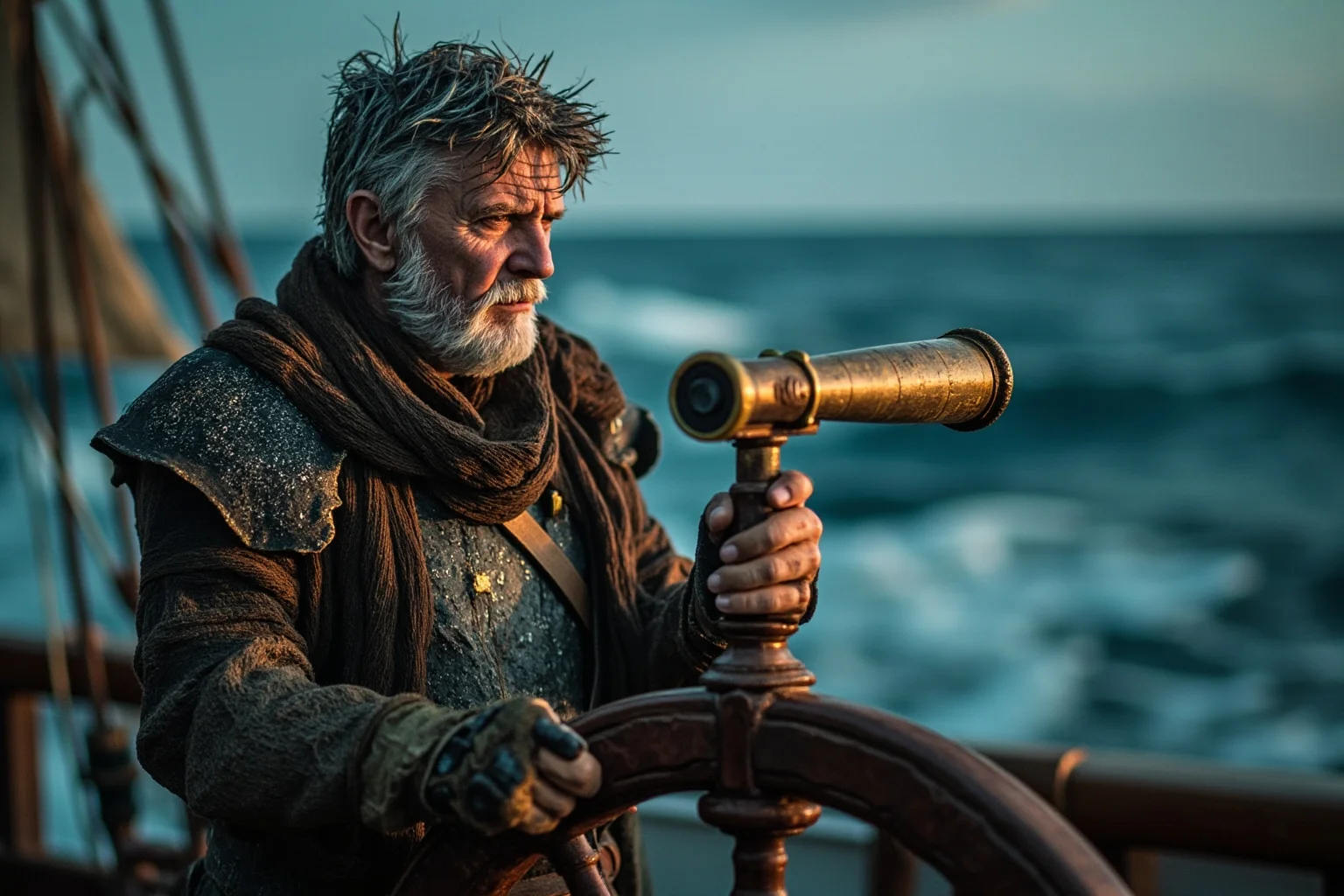 22 Most Notorious Knights From History: Heroes, Villains, and Legends 12 Weathered sea-faring knight standing at the helm of a galleon with a spyglass, ocean waves behind
