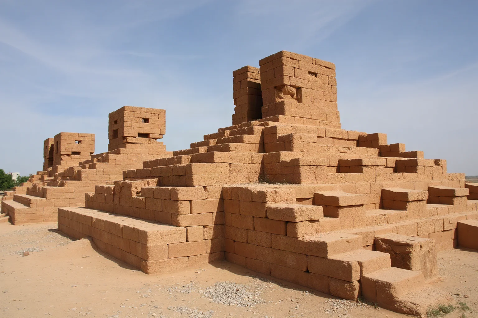 Weathered stepped ziggurat ruins made of mud brick in an arid Middle Eastern archaeological site