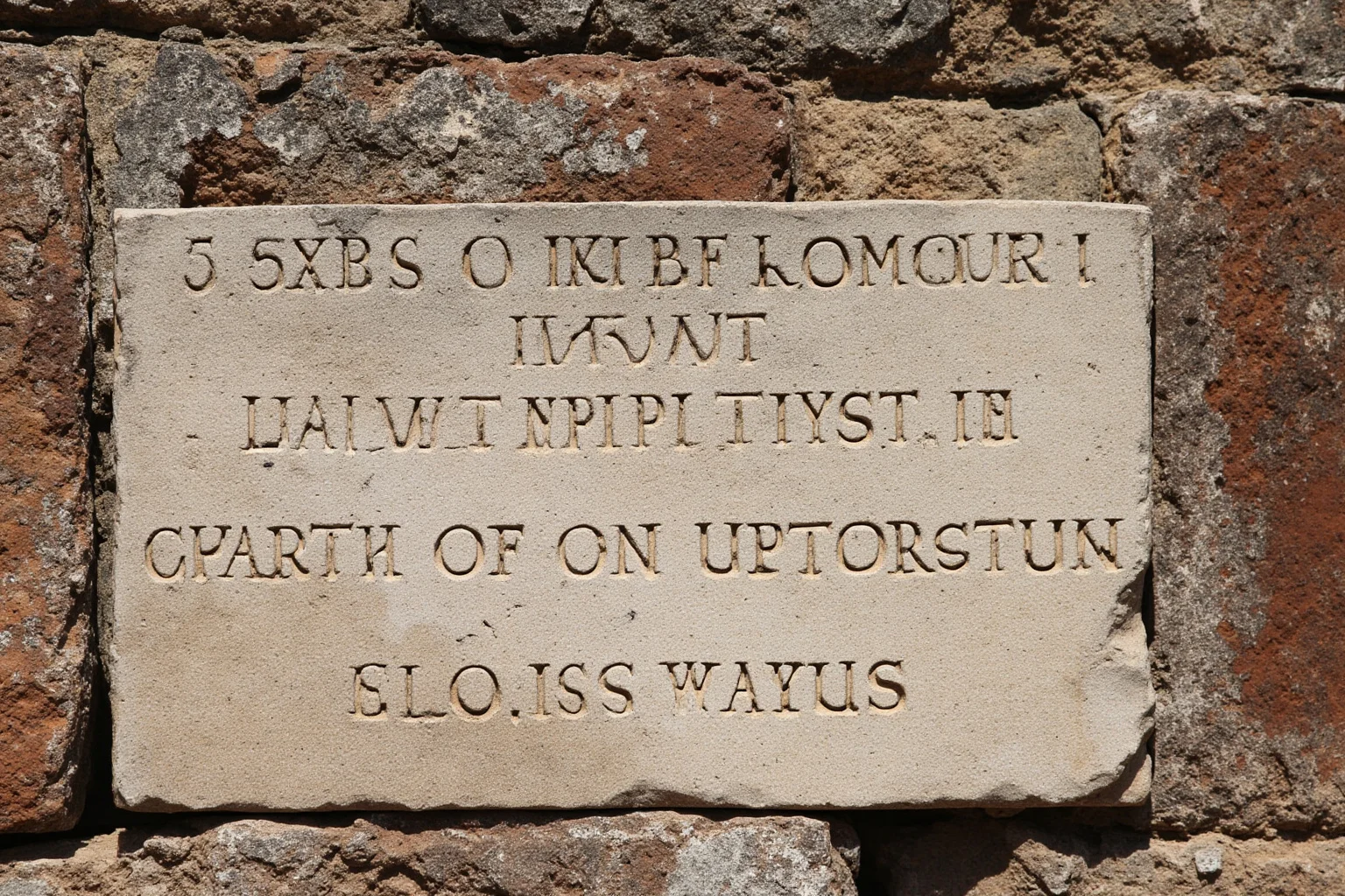 Weathered stone inscription plaque on ancient Roman ruins, close-up historical illustration