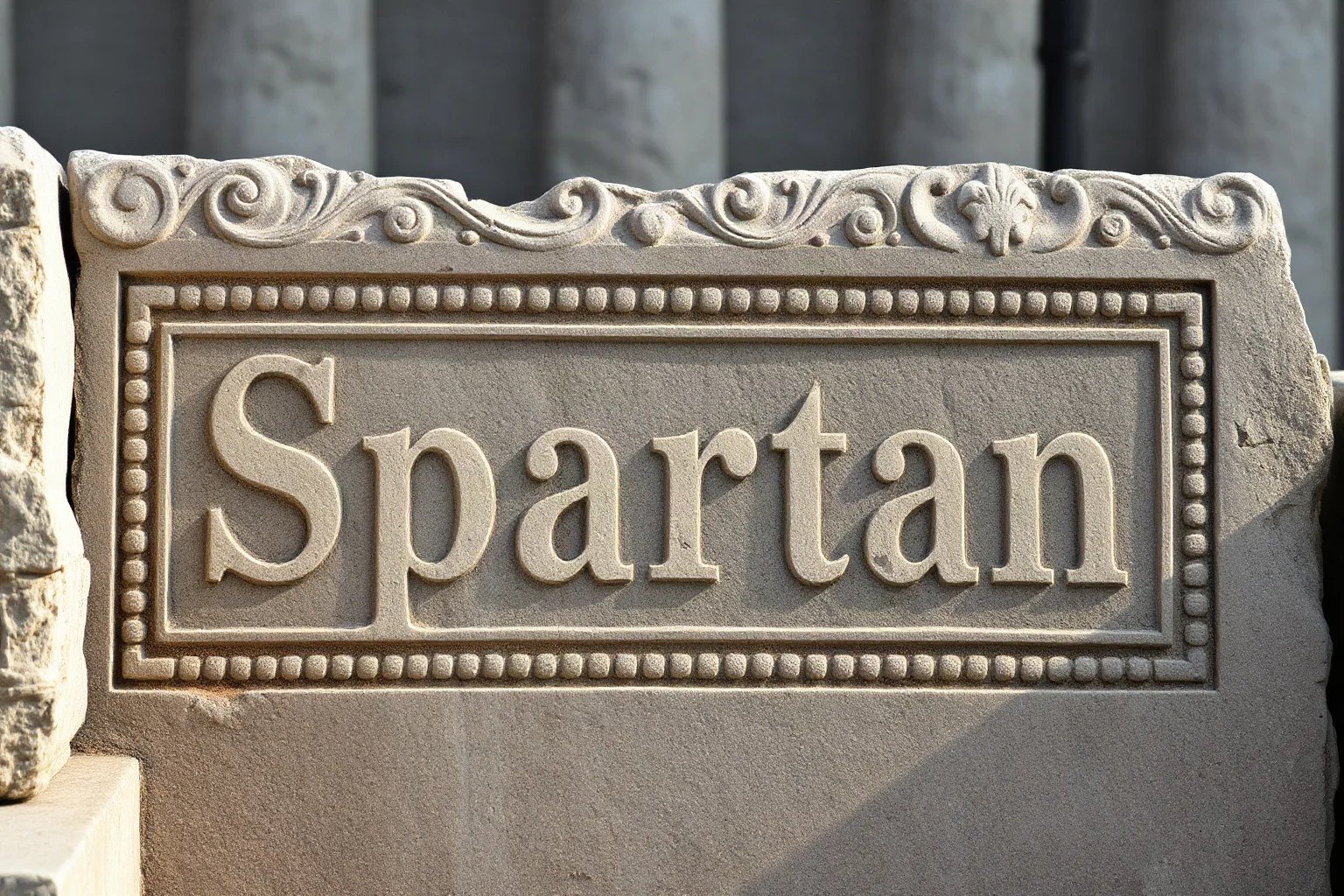 Weathered stone tablet engraved with the word 'Spartan' surrounded by classical Greek motifs