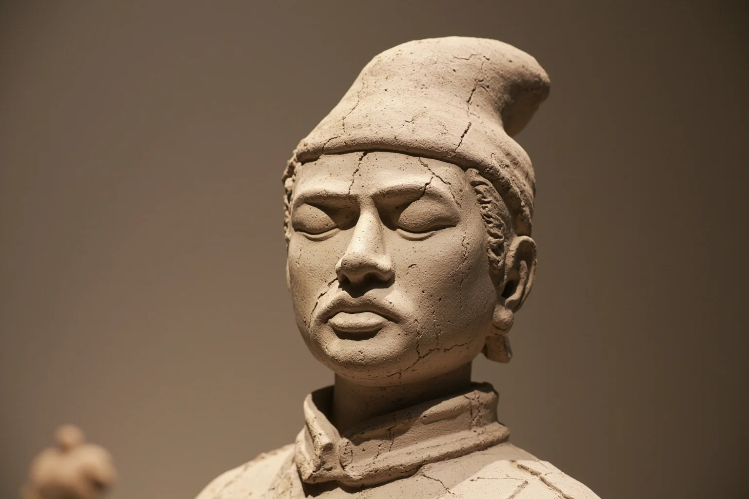 Weathered terracotta soldier statue close-up showing cracked, aged clay texture