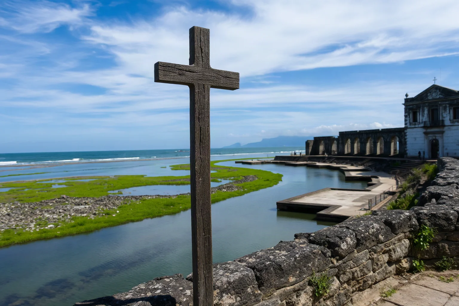 Weathered wooden cross shrine near a coastal waterway with Spanish colonial ruins nearby