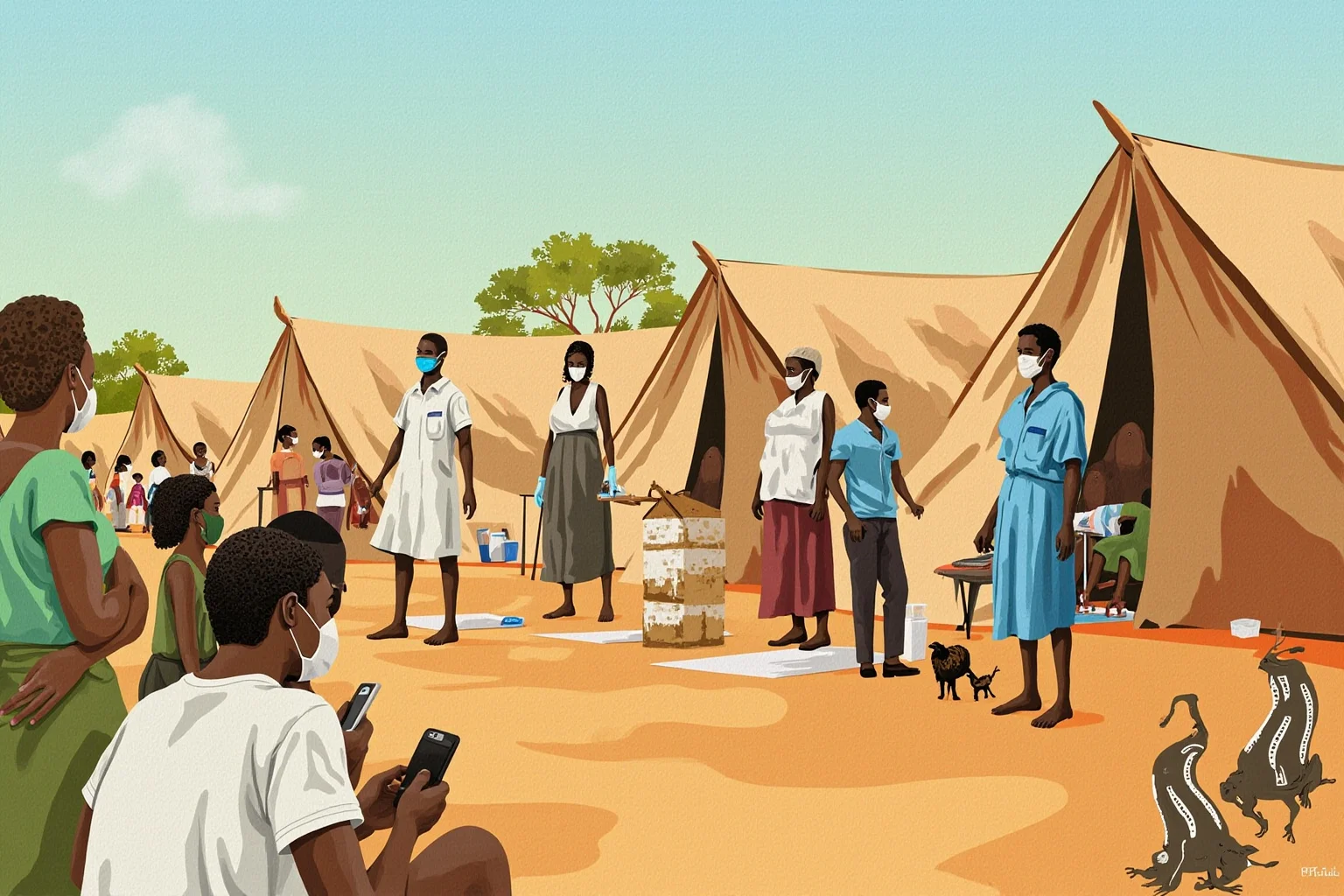 20 Deadliest Plagues That Shaped Human History 20 West African village clinic scene with medical tents and protective equipment, respectful documentary illustration