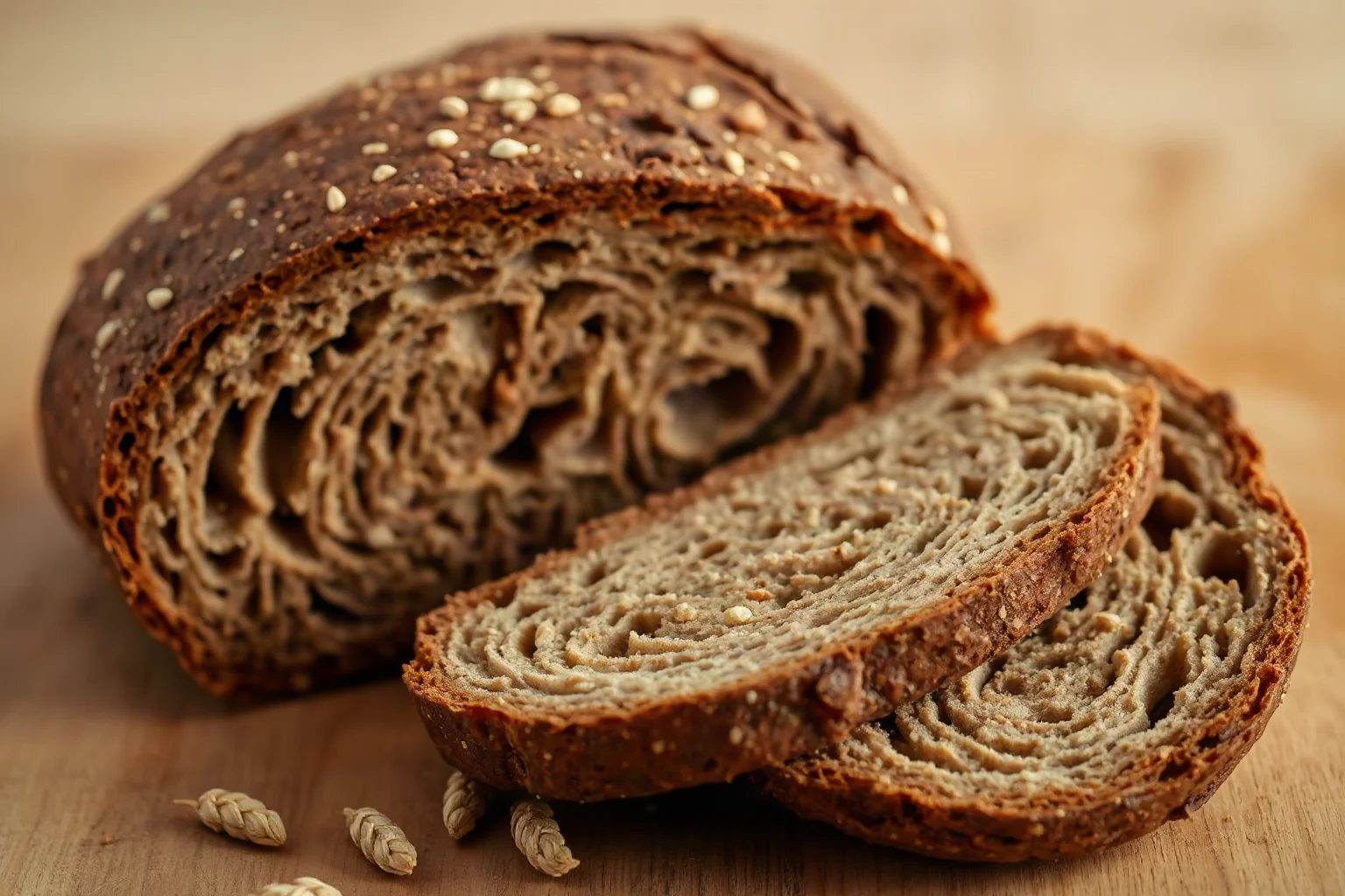 Dense, dark medieval rye and barley bread loaf with coarse texture, sliced to show interior crumb