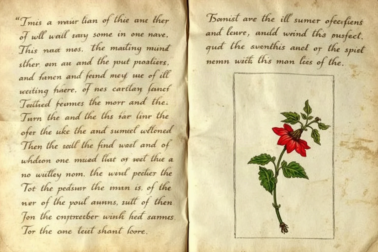 An old, weathered handwritten manuscript page filled with unknown looping script and a colorful illustration of an imaginary plant, styled like a medieval herbal book