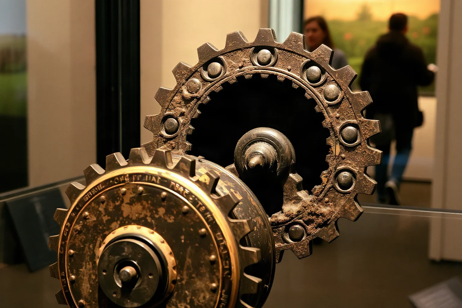 A weathered bronze geared artifact with visible interlocking gear teeth, displayed under museum lighting, evoking an ancient mechanical device