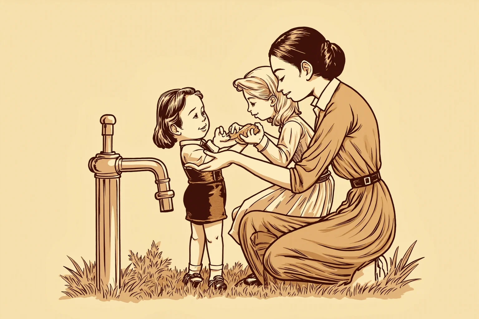 Vintage-style illustration of a teacher spelling a word into the palm of a young girl's hand beside an old-fashioned water pump, warm sepia tones