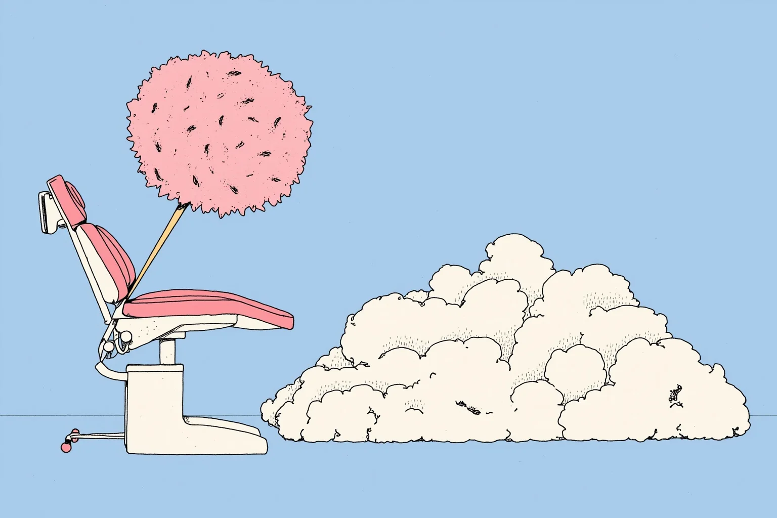 Whimsical illustration contrasting a dental chair and a pile of cotton candy, symbolizing irony