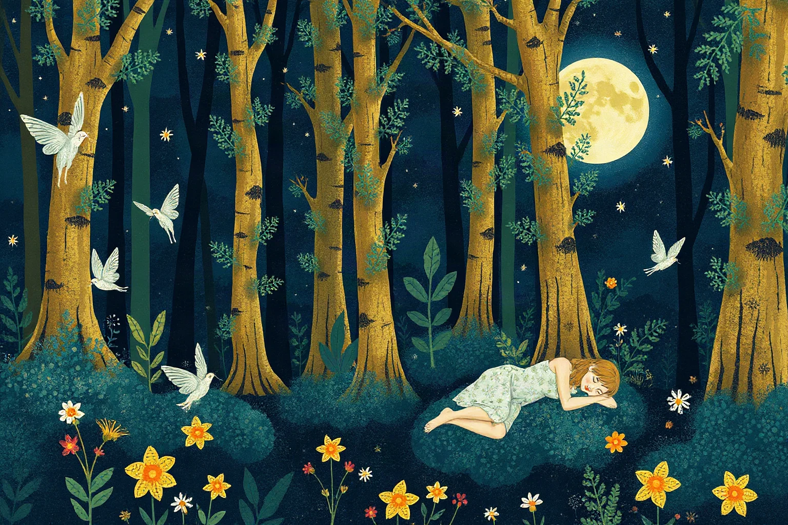 Whimsical illustration of a moonlit forest with fairies and sleeping lovers, evoking A Midsummer Night's Dream