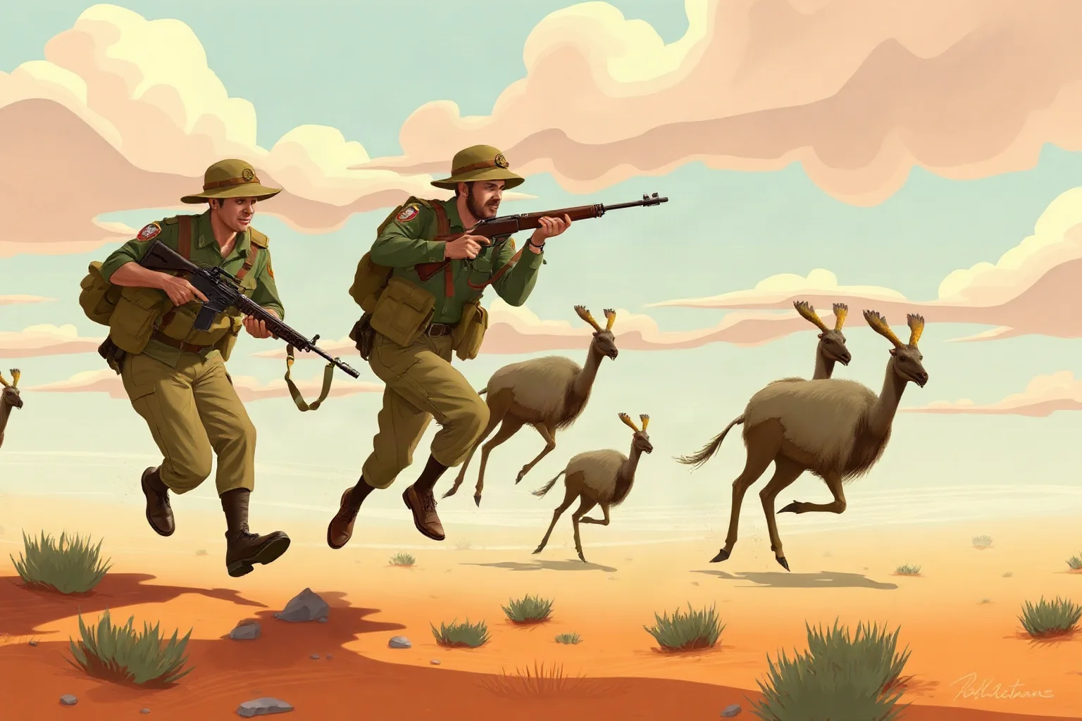 Whimsical illustration of soldiers with rifles chasing a flock of emus across the Australian outback