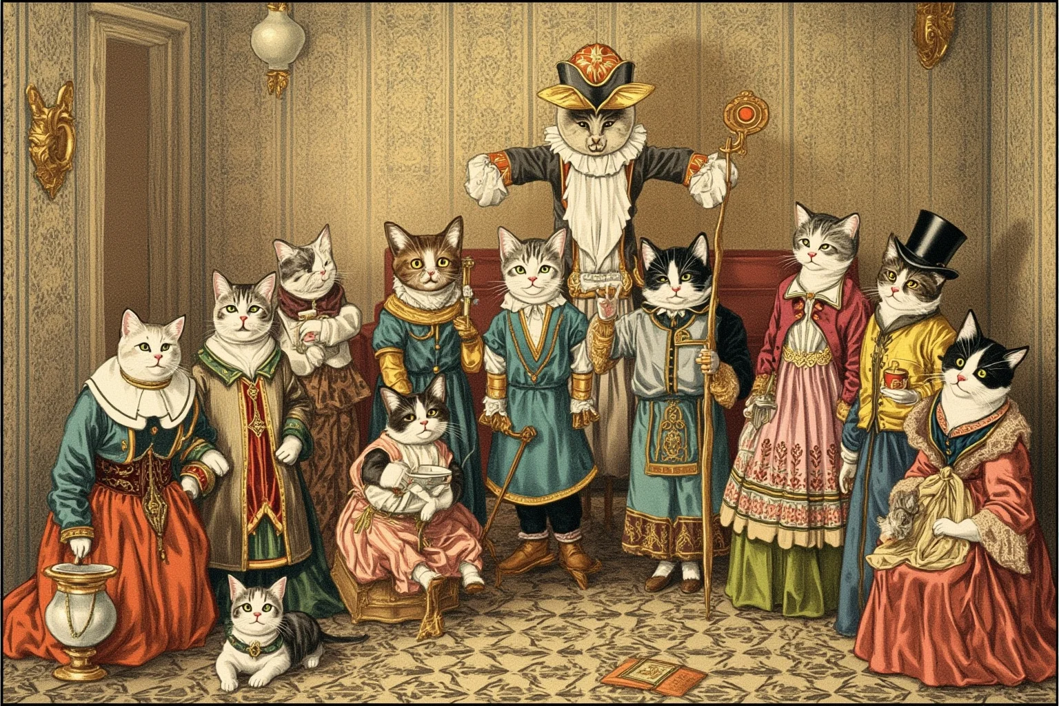 Whimsical vintage illustration style room full of anthropomorphized cats in Victorian clothing on the walls