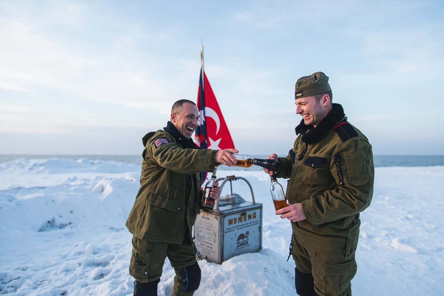 Two soldiers on a snowy arctic island cheerfully exchanging bottles of whisky and schnapps beside a small flag