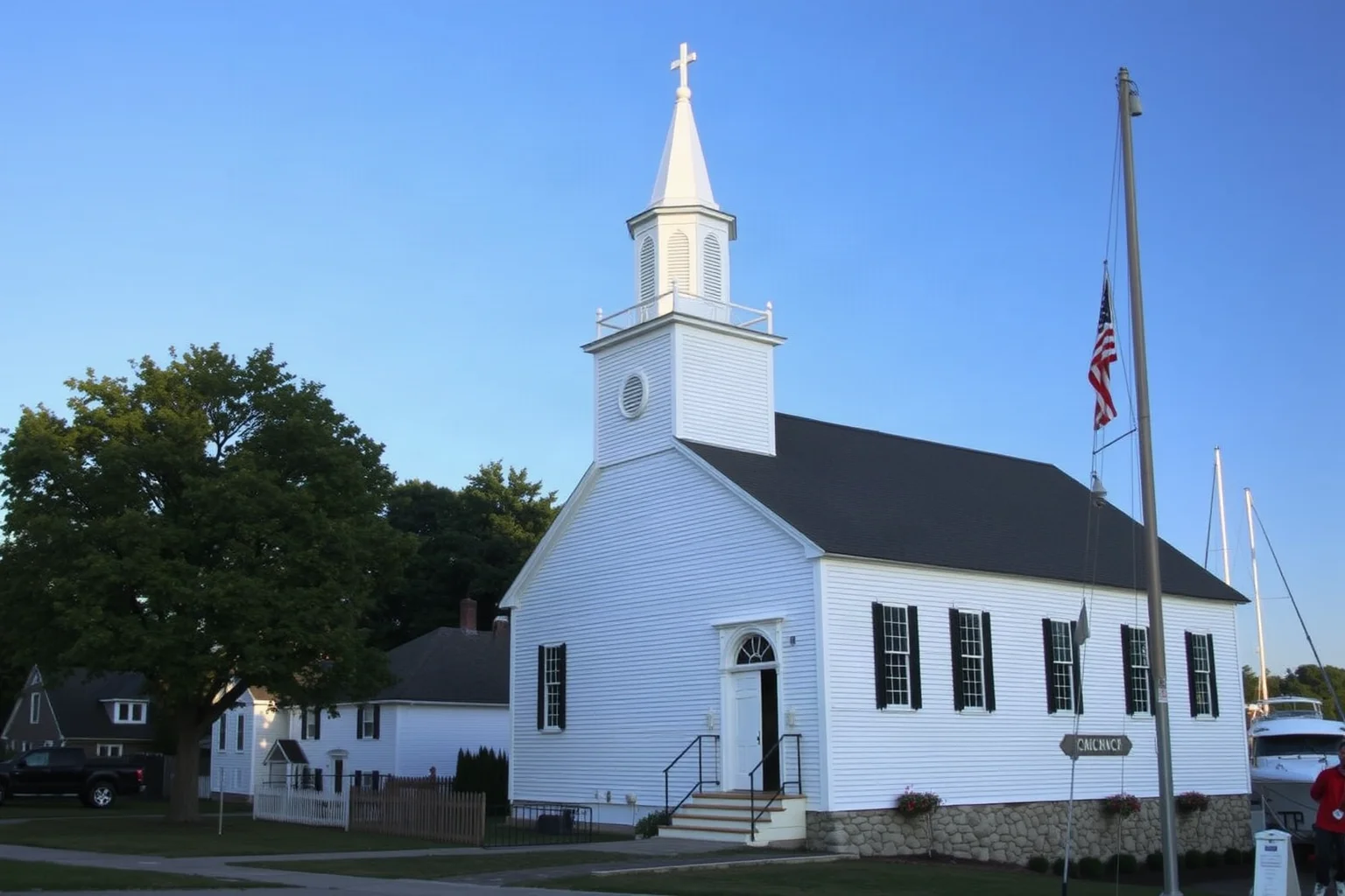 White colonial Anglican church with a tiered wedding-cake steeple near a New England harbor