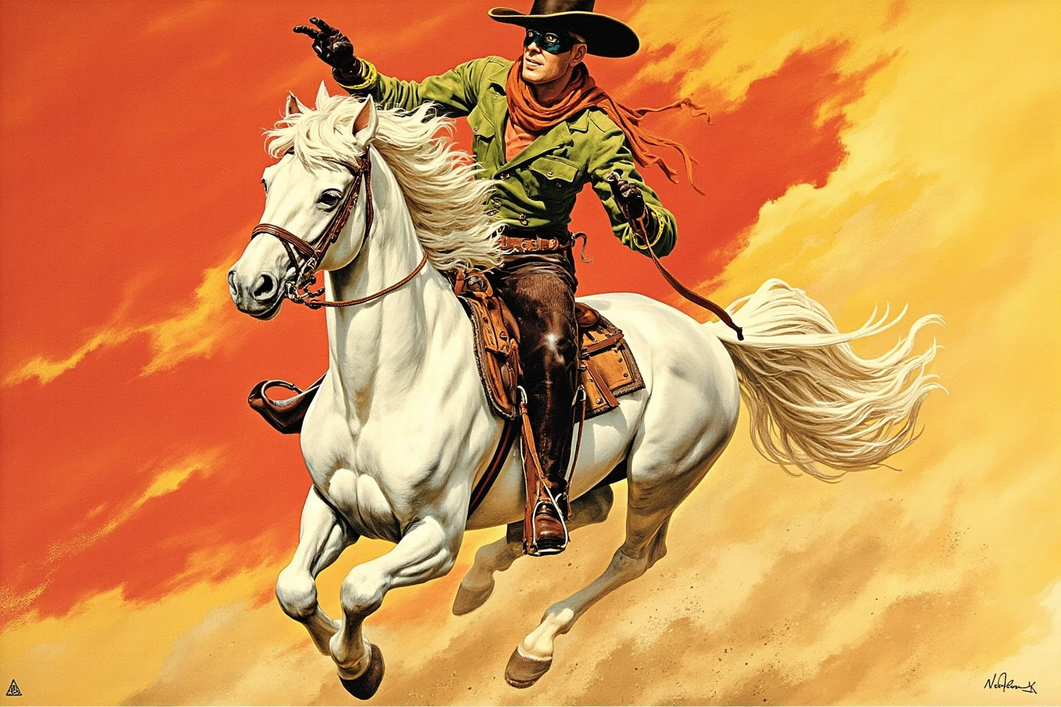 Famous Horses in History: 22 of the Most Legendary Names 18 White stallion at gallop with masked rider in Western outfit, radio drama golden age illustration style, dramatic action pose