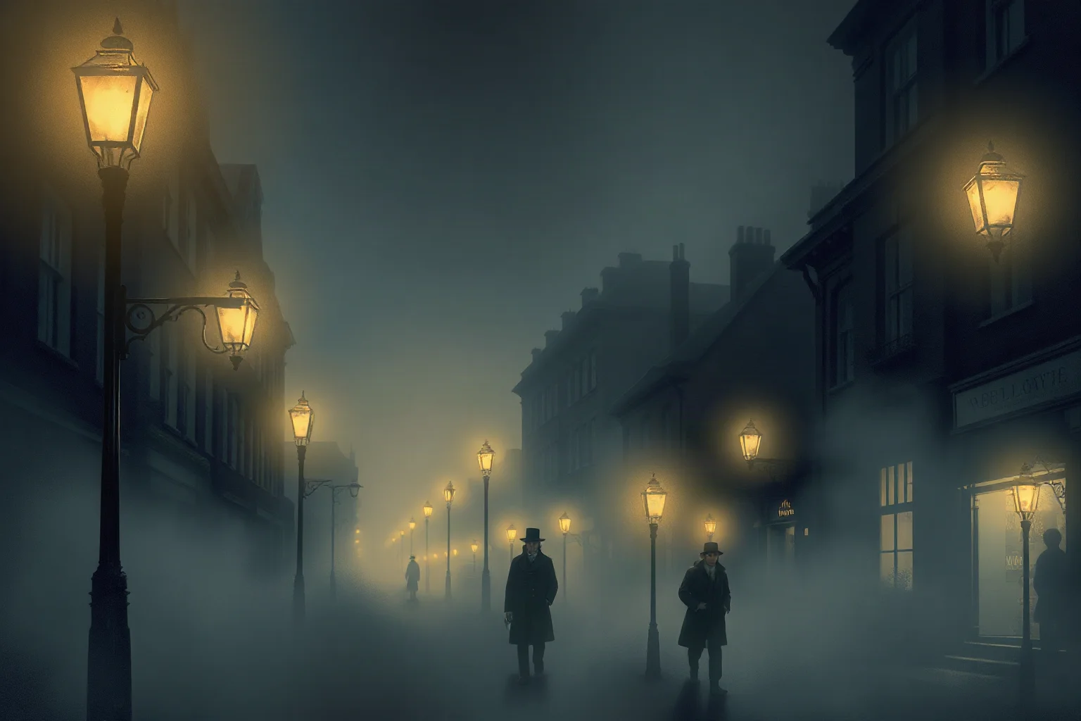 Atmospheric illustration of a foggy Victorian London street at night with gas lamps, evoking 1888 Whitechapel without depicting any real person