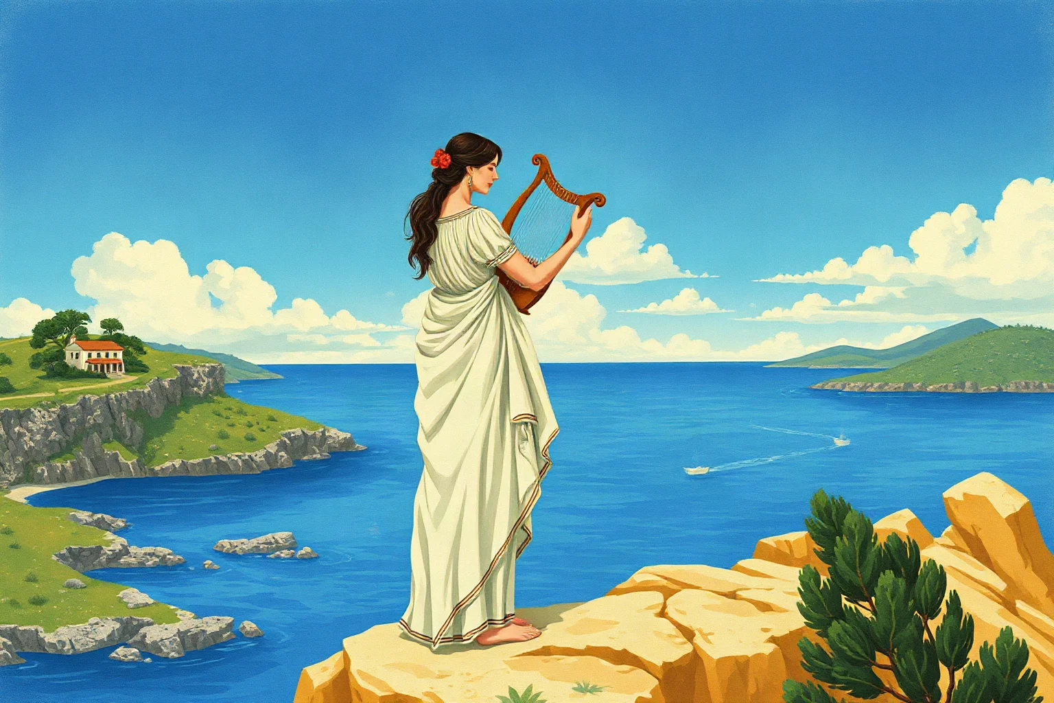 An artistic illustration of an ancient Greek woman poet with a lyre, standing on a cliffside overlooking the Aegean Sea, in a classical vase-painting art style