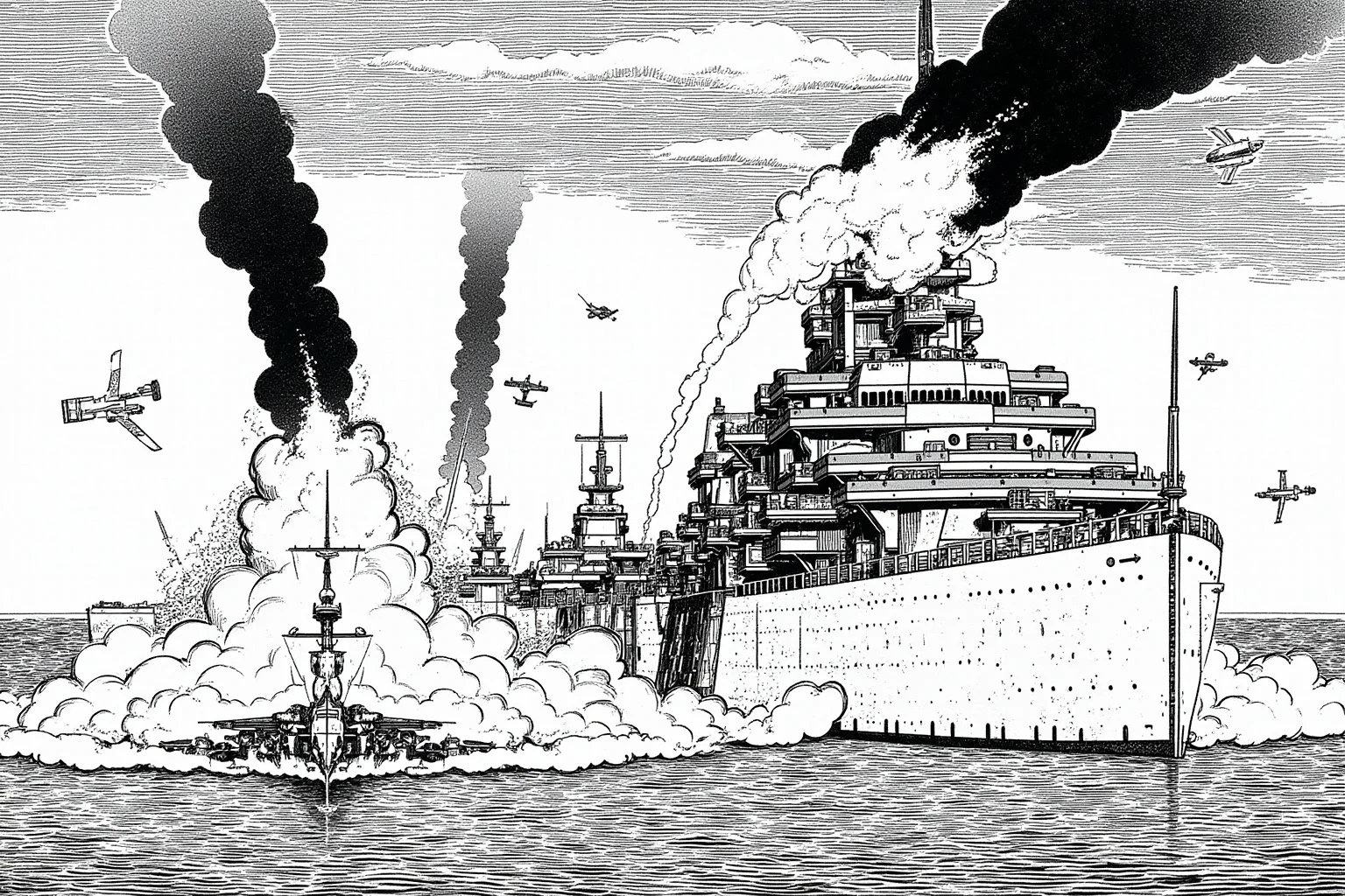 Black-and-white style illustration of a naval harbor under aerial attack with smoke rising from battleships, evoking the Pearl Harbor attack